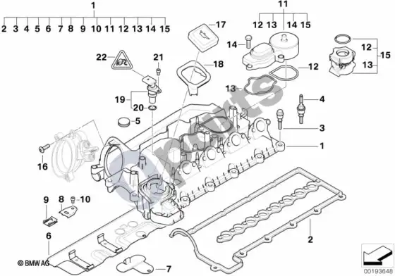 BMW 3 E46 cilindrų galvutės dangtis (E46 320DM47N, E46 320TD, E46 318TD, E46 320CD, E46 318DM47N) – schema
