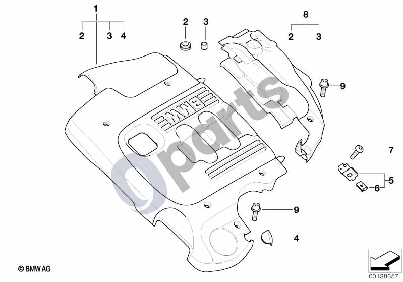 BMW 3 E46 (1998–2005) Variklio akustika (E46 320DM47N, E46 320TD, E46 318TD, E46 320CD, E46 318DM47N) schema – pozicija 01: Akustinis dangtis