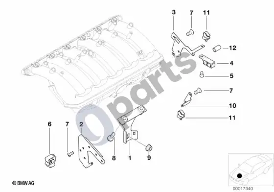 BMW 3 E46 įsiurbimo kolektoriaus sistemos tvirtinimo detalės (E46 320IM52, E46 323I, E46 328I, E46 320CIM52, E46 323CI, E46 328CI) – schema