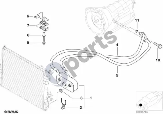 BMW 3 E46 alyvos aušinimas, automatinė pavarų dėžė A5S ...r (E46 320IM52, E46 323I, E46 328I, E46 320CIM54, E46 325CI, E46 330CI, E46 328CI, E46 320CI) – schema
