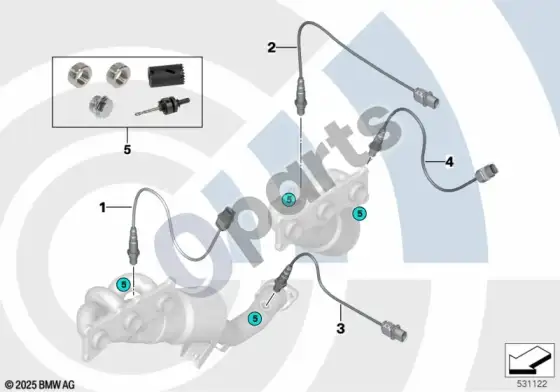 BMW 3 E46 remonto komplektas, privirinama įvorė, išmetamųjų dujų jutiklių sistema – schema