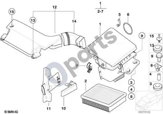 BMW 3 E46 įsiurbimo oro duslintuvas / filtro elementas (E46 320IM54, E46 325I, E46 325XI, E46 325TI, E46 320CIM54, E46 325CI, E46 320CI) – schema