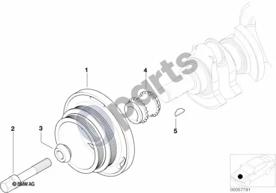 BMW 3 E46 diržinė pavara, vibracijų slopintuvas (E46 320IM54, E46 325I, E46 330I, E46 325XI, E46 325TI, E46 320CIM54, E46 325CI, E46 330CI, E46 320CI, E46 330XI) – schema