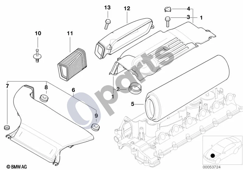 BMW 3 E46 (1998–2005) Įsiurbimo oro duslintuvas (E46 330DM57, E46 330XDM57) schema – pozicija 05: Oro filtro elementas
