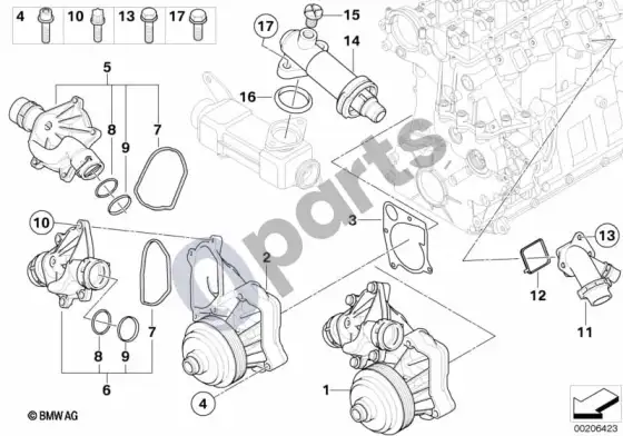 BMW 3 E46 vandens siurblys - termostatas (E46 330DM57, E46 330XDM57) – schema