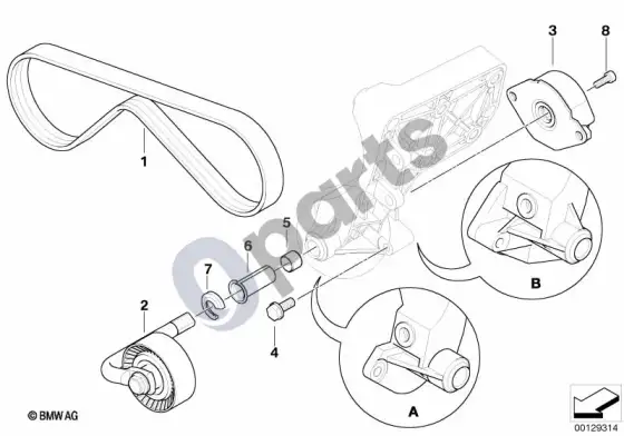 BMW 3 E46 kondicionieriaus kompresoriaus pavara diržu (E46 330XDM57) – schema
