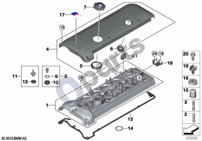 BMW 3 E46 (1998–2005) Cilindrų galvutės dangtis (E46 M3) schema – pozicija 17: Klijuojama emblema
