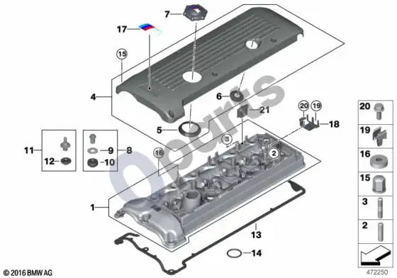 BMW 3 E46 cilindrų galvutės dangtis (E46 M3) – schema