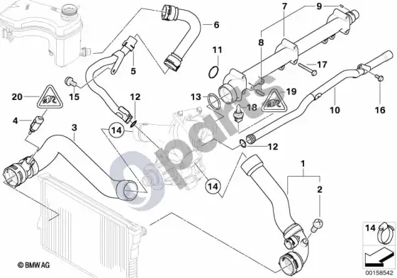 BMW 3 E46 aušinimo sistemos vandens žarnos (E46 M3, E46 M3CSL) – schema