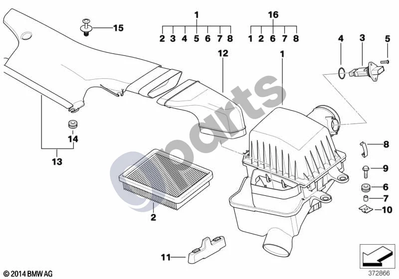 BMW 3 E46 (1998–2005) Įsiurbimo oro duslintuvas / filtro elementas (E46 M3) schema – pozicija 03: Plėvelinis oro masės matuoklis
