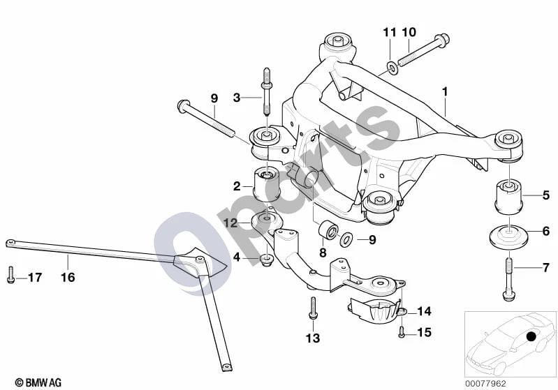 BMW 3 E46 (1998–2005) Galinės ašies rėmas (E46 M3CSL) schema – pozicija 08: Priekinė guminė atrama