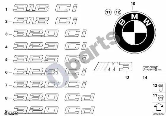 BMW 3 E46 emblemos / užrašai – schema