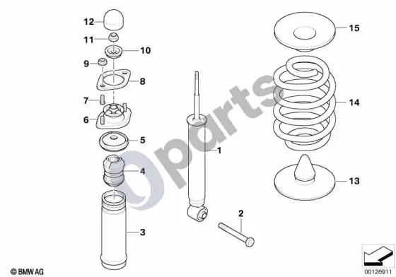 BMW 3 E46 galinės pakabos statramstis, spyruoklė ir dalys – schema