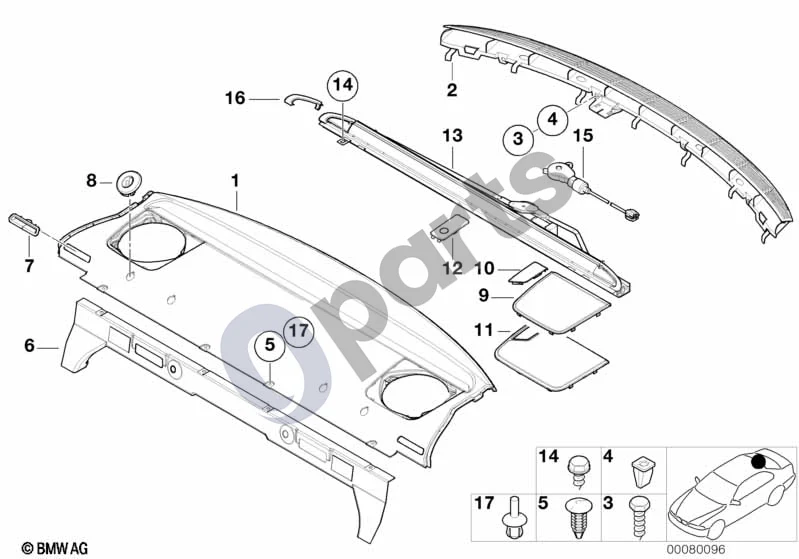 BMW 3 E46 (1998–2005) Galinio lango lentyna / elektrinė užuolaida nuo saulės schema – pozicija 16: Apdaras dešinys