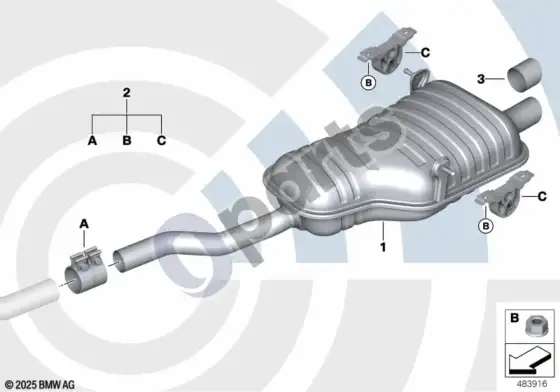 BMW 3 E46 galinis duslintuvas ir montavimo komplektas – schema