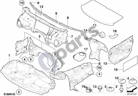 BMW 3 E46 garso izoliacija, priekis – schema