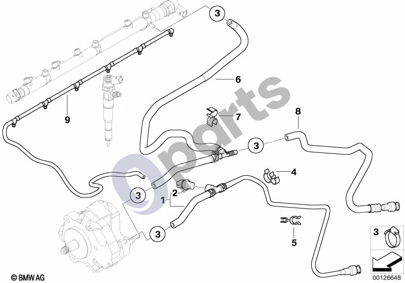 BMW 3 E46 (1998–2005) Kuro vamzdžiai / tvirtinimo detalės schema – pozicija 09: Alyvos pertekliaus vamzdelis