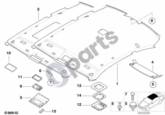BMW 3 E46 lubų apmušalas – schema