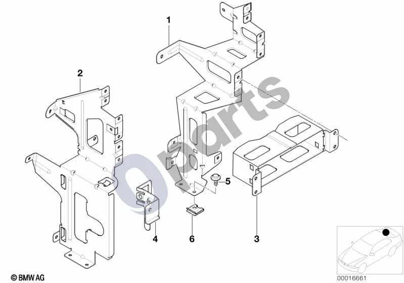 BMW 3 E46 (1998–2005) Navigacijos sistemos montavimo detalės schema – pozicija 03: Navigacijos kompiuterio laikiklis