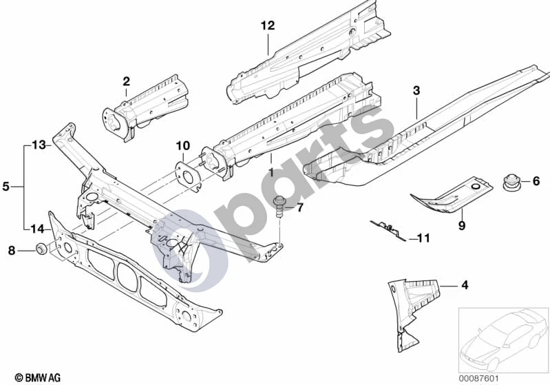 BMW 3 E46 (1998–2005) Priekinės kėbulo dalys schema – pozicija 02: Kairio variklio atramos dalis