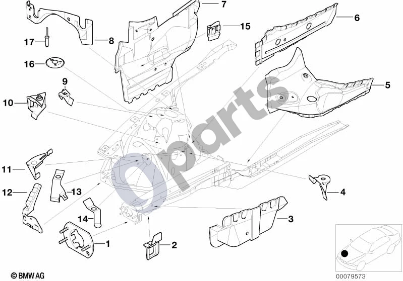 BMW 3 E46 (1998–2005) Priekinis kėbulo laikiklis, dešinys schema – pozicija 12: Šoninio skydo laikiklis, dešinys