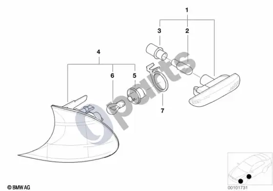 BMW 3 E46 priekinis/priekinis šoninis posūkio rodiklis – schema