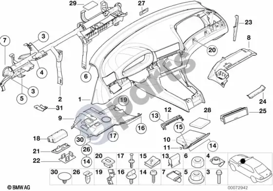 BMW 3 E46 prietaisų skydelio apdailos plokštė – schema