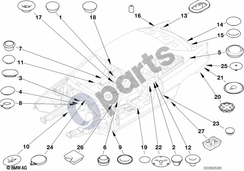 BMW 3 E46 (1998–2005) Sandarinimo dangtelis / kamštis schema – pozicija 27: Keliamosios platformos atrama