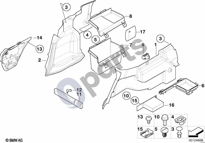 BMW 3 E46 (1998–2005) Šoninė bagažinės grindų apdailos plokštė schema – pozicija 01: Apdailos skydelis, kairysis