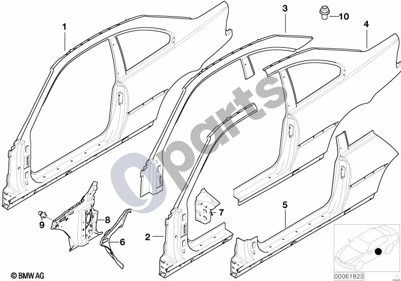BMW 3 E46 (1998–2005) Šoninis rėmas schema – pozicija 08: Dešinioji vidinė A statramstis