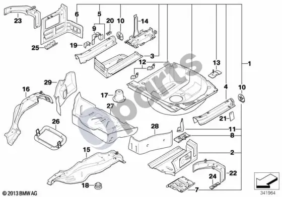 BMW 3 E46 bagažinės grindų skydo tvirtinimo detalės – schema