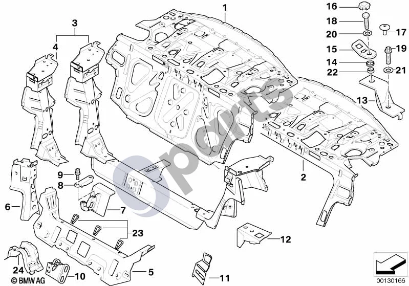 BMW 3 E46 (1998–2005) Bagažinės pertvara schema – pozicija 24: Kardaninio veleno tarpinės atramos kronšteinas