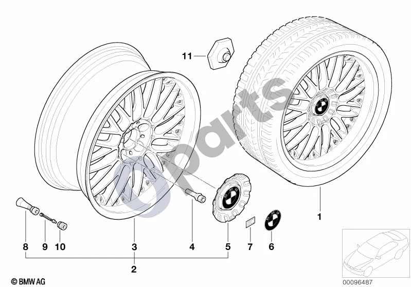 BMW 3 E46 (1998–2005) BMW kompozitinis ratlankis, M kryžminių stipinų 101 schema – pozicija 06: BMW ženklas, štampuotas, su lipnia plėvele (D=70MM)