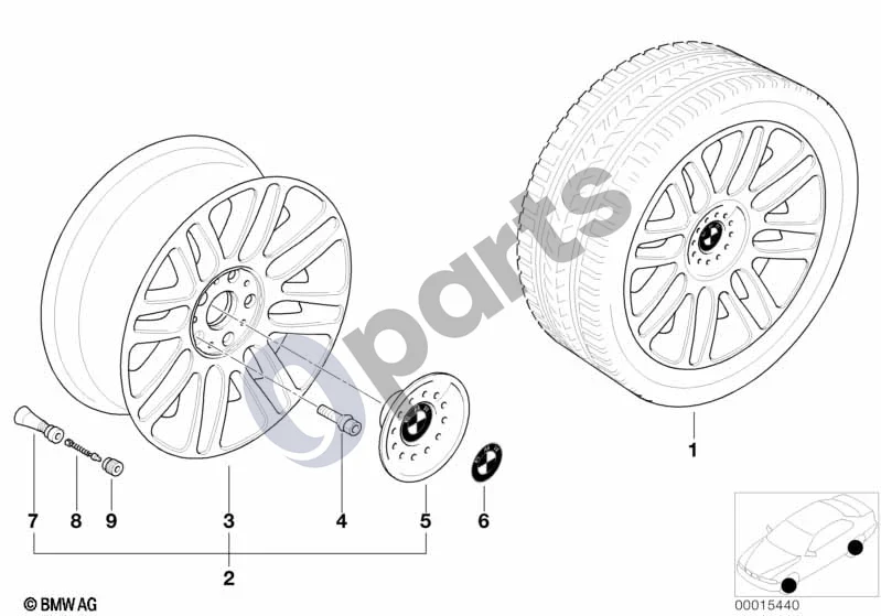 BMW 3 E46 (1998–2005) BMW lengvojo lydinio ratlankis, dvigubos stygos 51 schema – pozicija 06: BMW lentelė su lipnia plėvele (D=64,5MM)