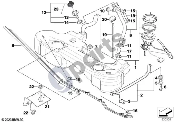 BMW 3 E46 degalų bakas/tvirtinimo detalės (M54) – schema