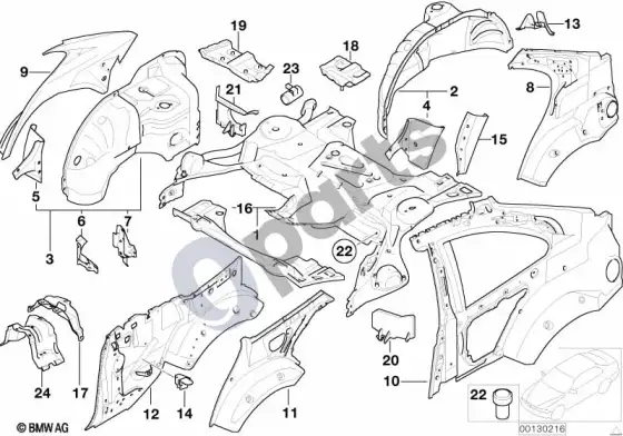 BMW 3 E46 galinė ratų arka/grindų dalys – schema