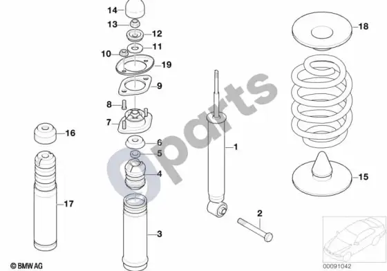 BMW 3 E46 galinės amortizatoriaus statramsčio tvirtinimo dalys – schema