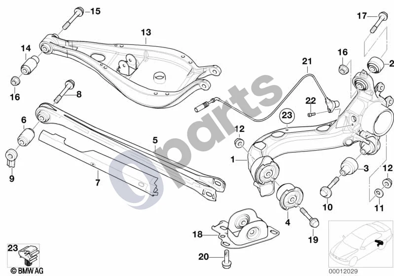 BMW 3 E46 (1998–2005) Galinės ašies atrama/ratų pakaba schema – pozicija 07: Apdaras dešinys