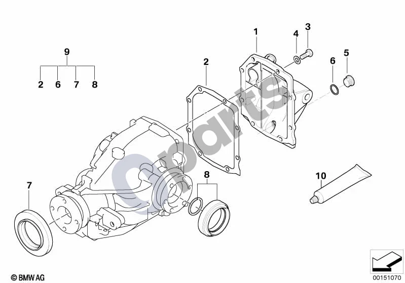 BMW 3 E46 (1998–2005) Galinės pavaros tarpiklių komplektas schema – pozicija 10: Skystas sandariklis, Loctite 5970 (50ML)