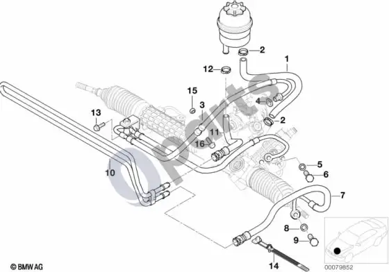 BMW 3 E46 hidraulinės vairo sistemos alyvos vamzdžiai – schema