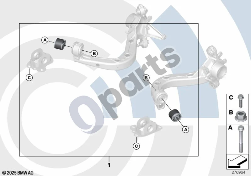 BMW 3 E46 (1998–2005) Išilginės svirties remonto komplektas schema – pozicija 01: Išilginės svirties guminės atramos remonto komplektas (VALUE PARTS)
