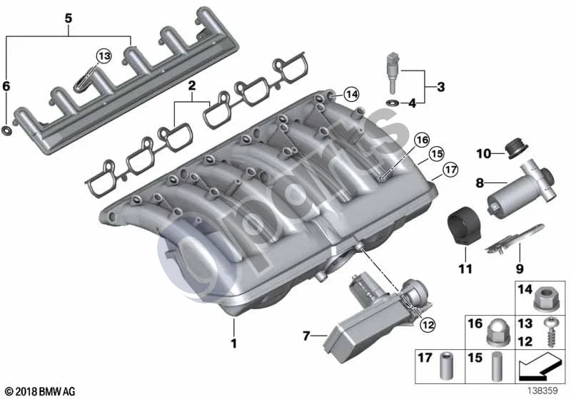 BMW 3 E46 (1998–2005) Įsiurbimo kolektoriaus sistema (M54) schema – pozicija 02: Profilinių tarpiklių komplektas