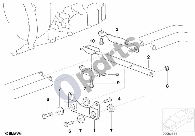 BMW 3 E46 (1998–2005) Išmetimo sistemos pakabos detalės (M54) schema – pozicija 02: Išmetimo sistemos laikiklis