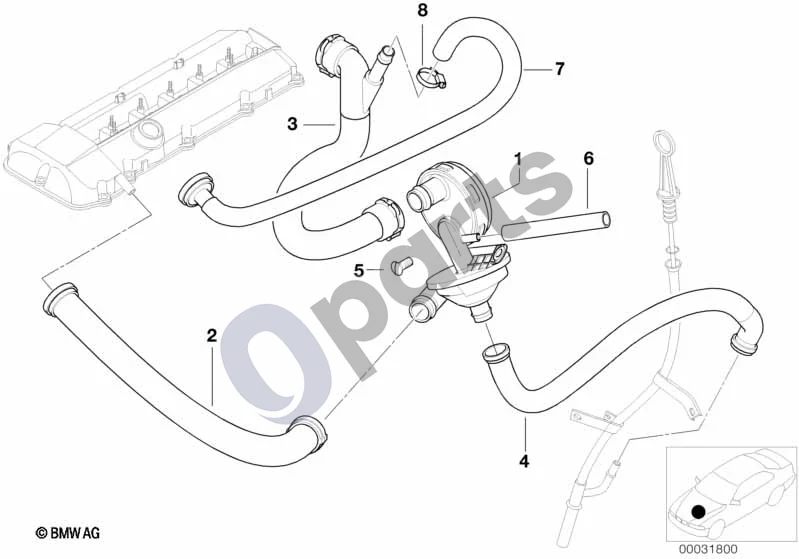 BMW 3 E46 (1998–2005) Karterio vėdinimas / alyvos separatorius (M54) schema – pozicija 01: Slėgio reguliavimo vožtuvas
