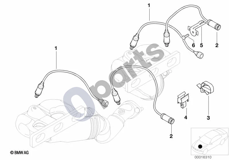 BMW 3 E46 (1998–2005) Lambda zondo tvirtinimo detalės (M54) schema – pozicija 01: Reguliuojamasis lambda zondas (L=320MM)