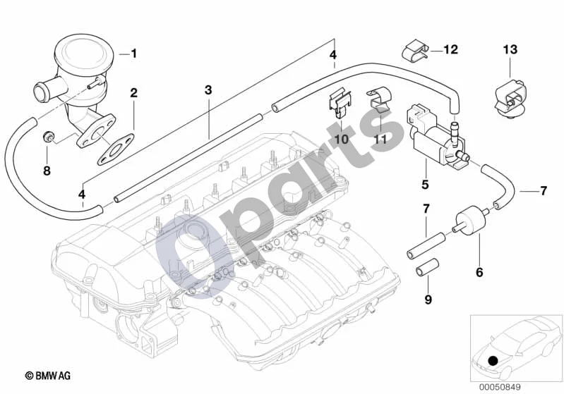 BMW 3 E46 (1998–2005) Oro siurblys vakuumo valdymui (M54) schema – pozicija 03: Vakuuminis vamzdelis