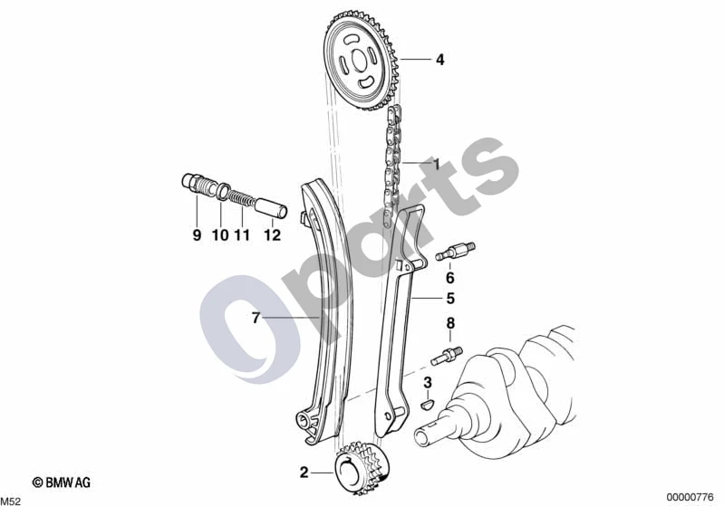 BMW 3 E46 (1998–2005) Paskirstymo mechanizmas – apatinė paskirstymo grandinė P (M54) schema – pozicija 01: Paskirstymo grandinė