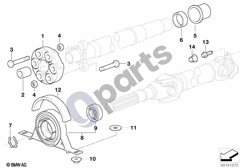 BMW 3 E46 (1998–2005) Pavaros velenas – tarpinis guolis – kardaninis šarnyras schema – pozicija 14: Balansavimo svarmuo (1,5GR./D=12MM)