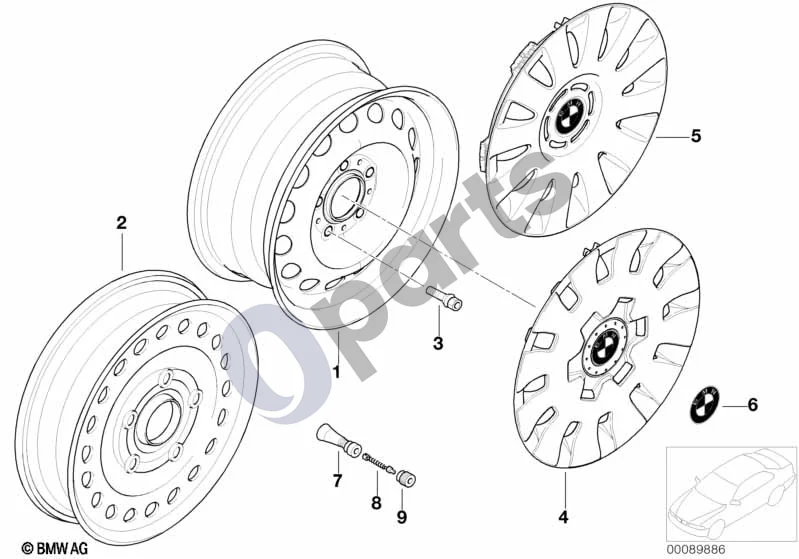 BMW 3 E46 (1998–2005) Plieninis ratlankis, stilius 12 schema – pozicija 02: Kompaktiškas atsarginis ratas, plieninis, juodas (3.0BX16 ET:32)