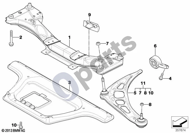 BMW 3 E46 (1998–2005) Priekinės ašies atrama/skersinė svirtis schema – pozicija 09: Ribotuvo buferis